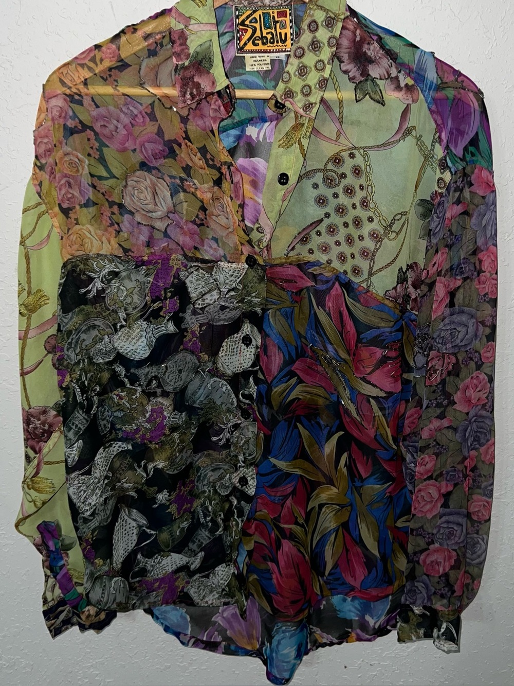 Sebatu Vintage Beaded Semi Sheer Long sleeve Button Up Mixed Print Top Size M